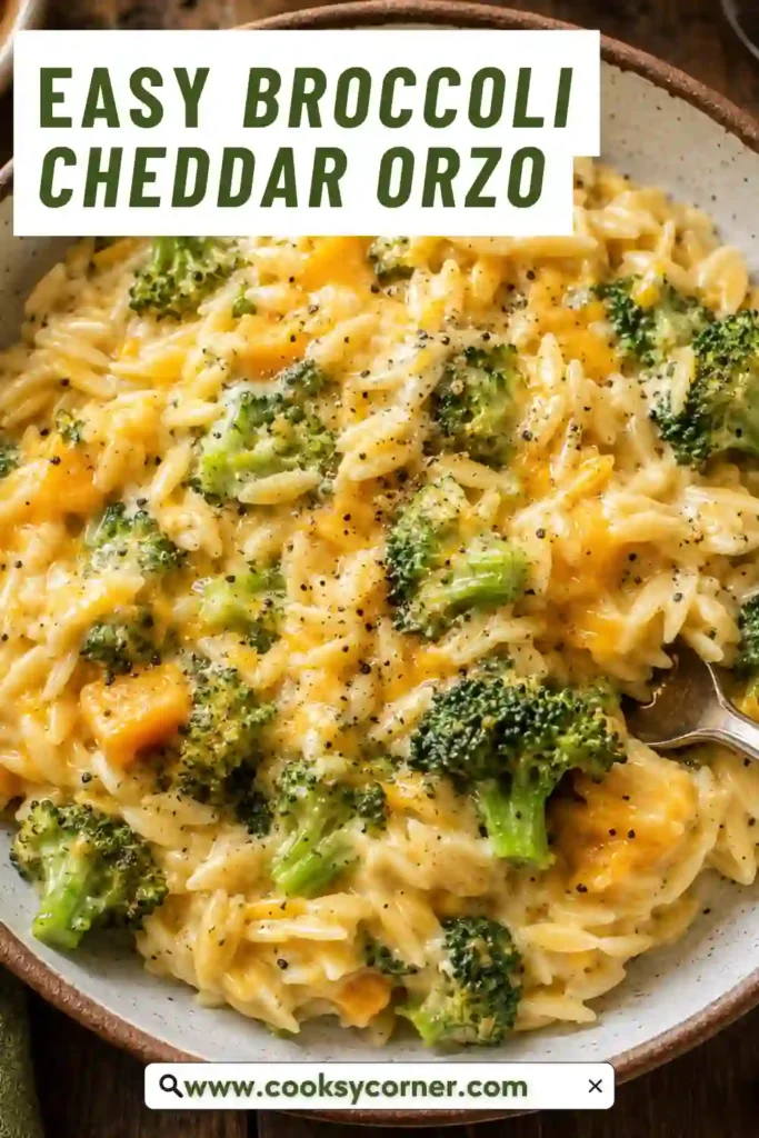 Creamy Broccoli Cheddar Orzo served in a bowl with fresh broccoli florets and cheesy orzo pasta. Sharp cheddar creates a golden, velvety sauce throughout the dish.