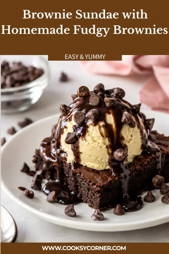 Fudgy brownie with ice cream, chocolate drizzle, whipped cream, and chocolate chips served as a decadent dessert. The warm brownie contrasts with the cold creamy ice cream.