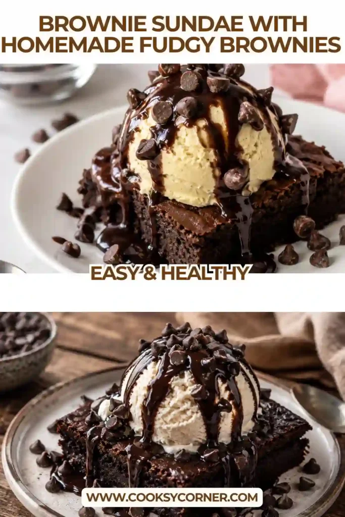Homemade brownie sundae featuring a rich chocolate brownie topped with a scoop of ice cream and warm chocolate sauce. Mini chocolate chips add extra texture and chocolate flavor.