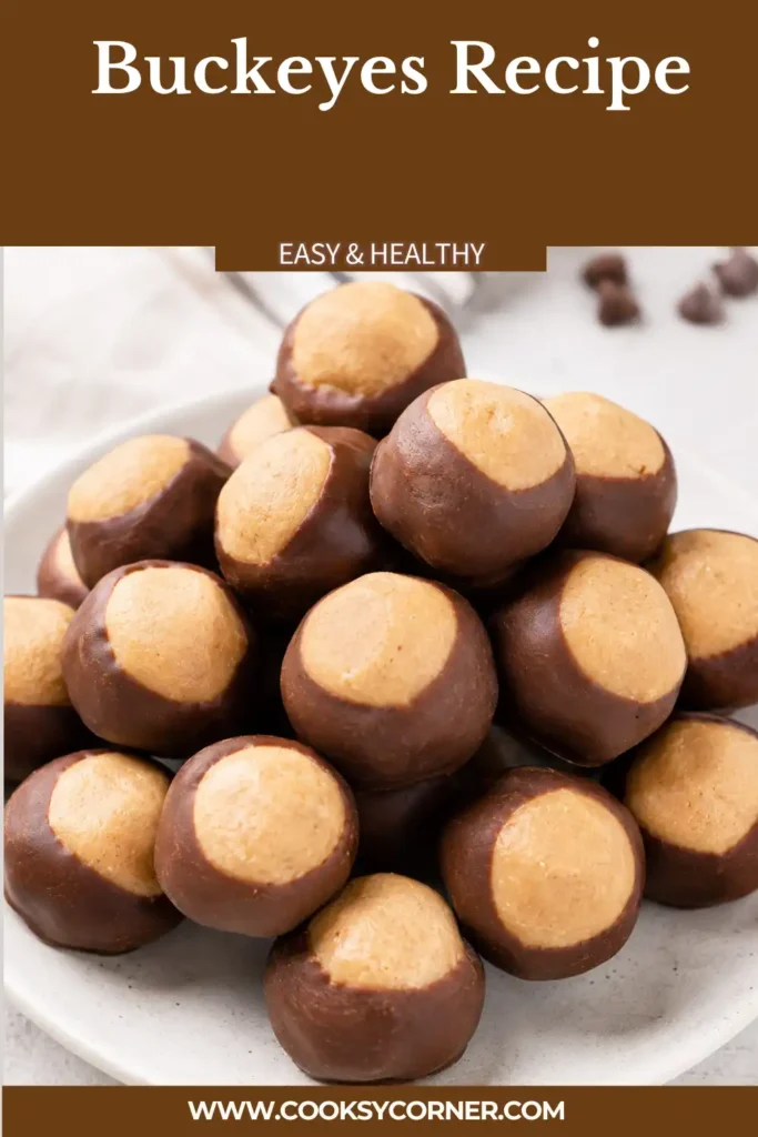 Easy peanut butter buckeyes arranged on a serving plate with glossy chocolate coating. These almond flour buckeyes are a simple no-bake chocolate peanut butter treat.