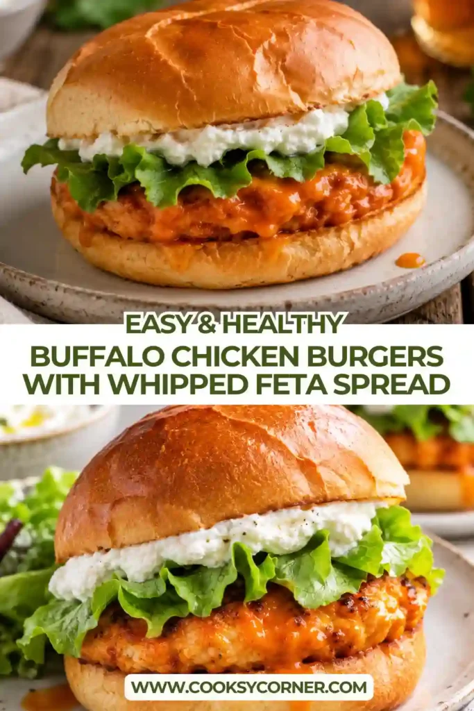 Homemade Buffalo Chicken Burgers topped with thick whipped feta spread and fresh lettuce on burger buns. These spicy ground chicken burgers combine creamy, tangy, and savory flavors.