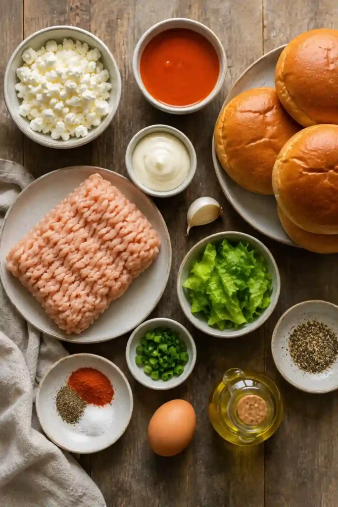 Spicy ground chicken burger brushed with buffalo sauce and layered with crisp lettuce and whipped feta. An easy Buffalo Chicken Burger with a creamy, tangy topping.