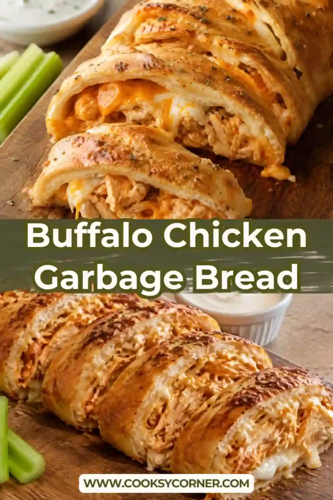 Cheesy buffalo chicken stuffed bread sliced on a serving board with melted cheese and seasoned chicken inside. The baked pizza dough is crisp and golden on the outside.