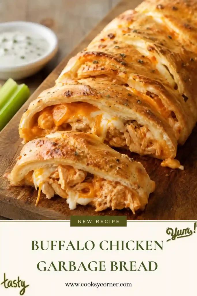 Freshly baked Buffalo Chicken Garbage Bread with a golden pizza dough exterior and cheesy buffalo chicken filling. Thick slices show layers of chicken, buffalo sauce, ranch, mozzarella, and cheddar.