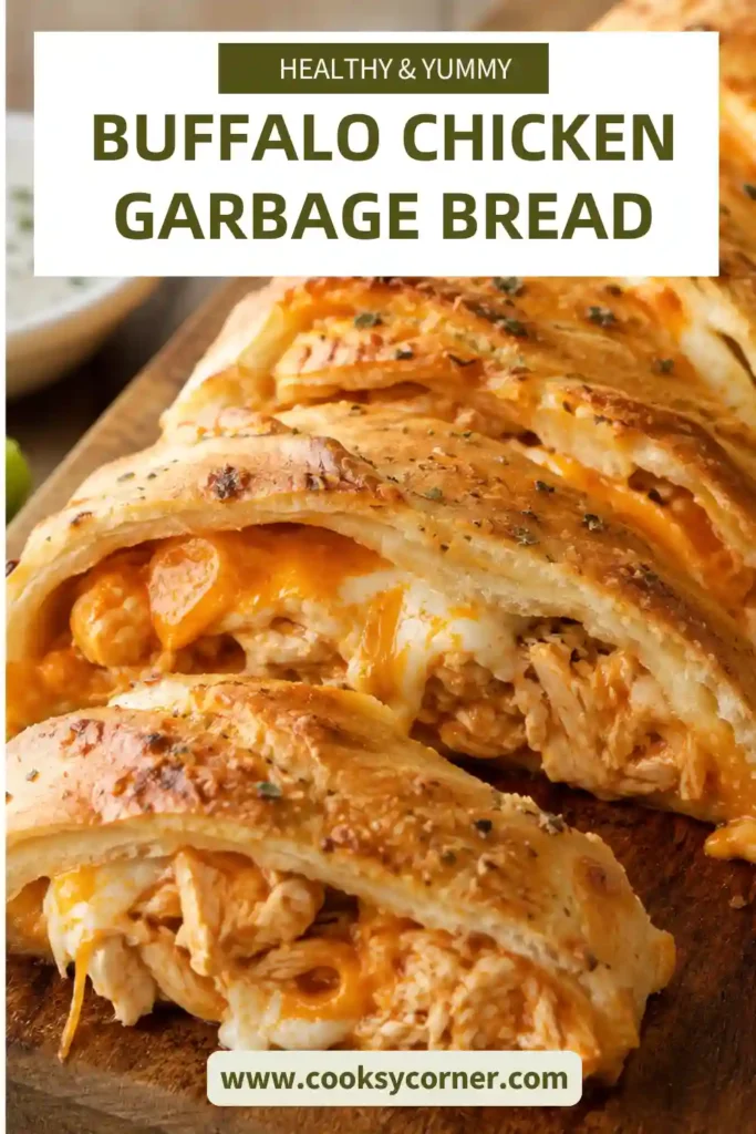 Buffalo Chicken Garbage Bread sliced to reveal spicy shredded chicken, melted mozzarella, cheddar, and creamy buffalo ranch filling. The stuffed pizza bread has a crisp golden-brown crust.