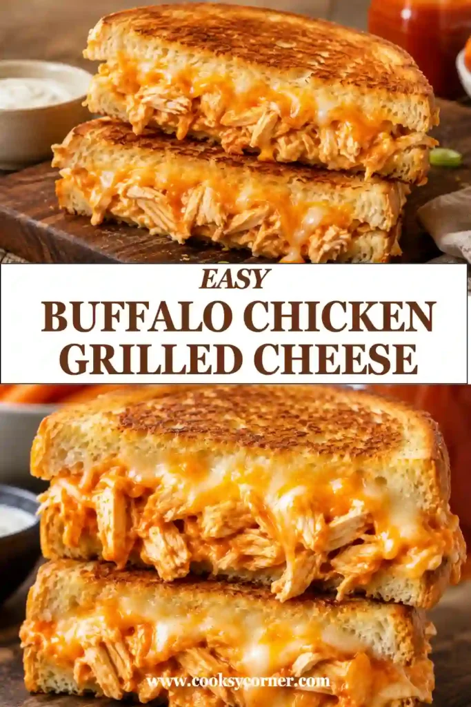 Freshly grilled Buffalo Chicken Grilled Cheese sandwich with melted Muenster cheese and creamy buffalo chicken filling. Golden bread surrounds the rich, spicy, cheesy center.