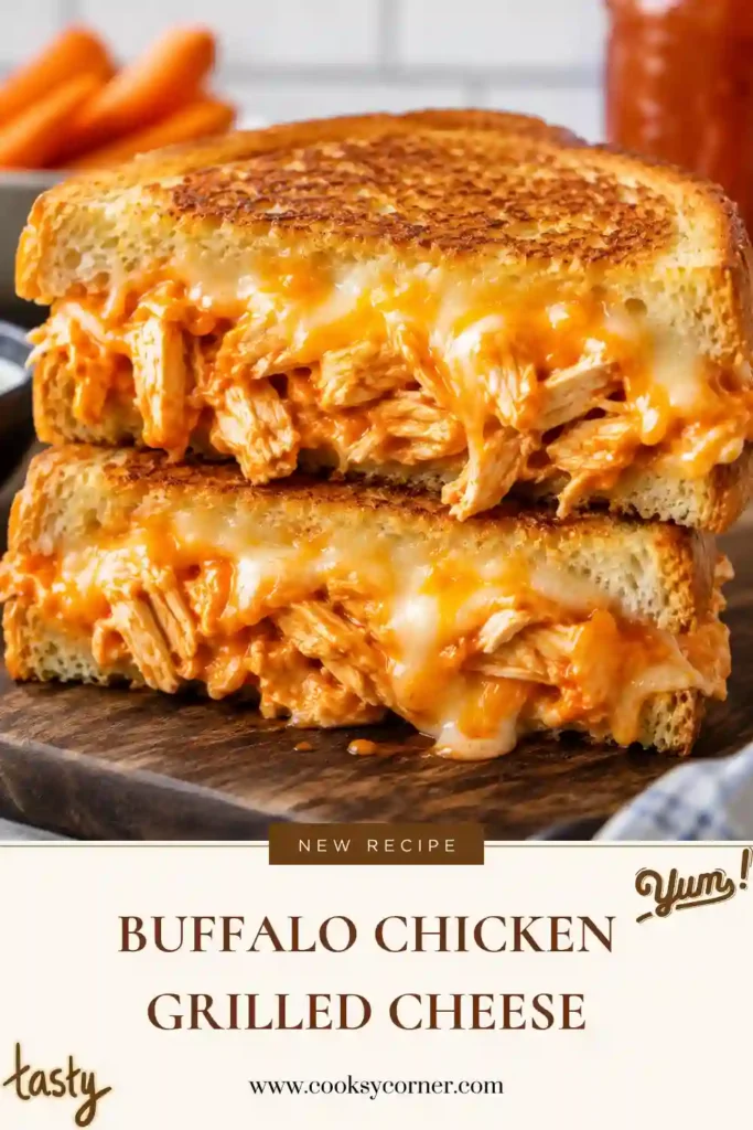 Buffalo Chicken Grilled Cheese filled with spicy shredded chicken, creamy ranch, and melted cheese between golden toasted bread. The sandwich has a crisp buttery exterior and cheesy buffalo chicken center.