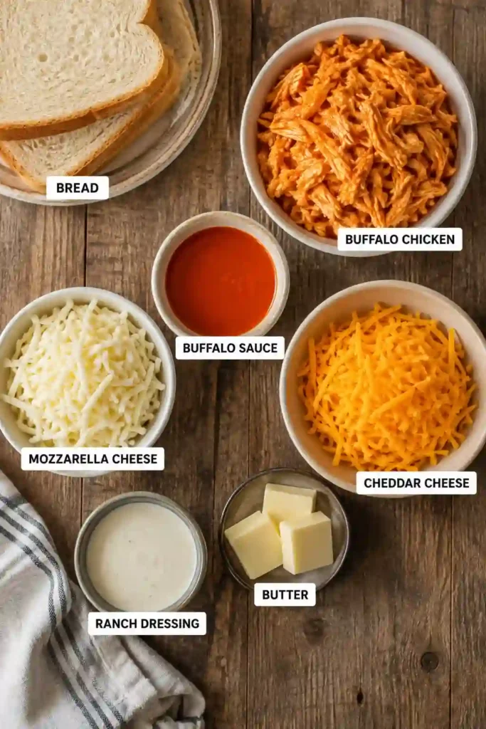 Homemade spicy grilled cheese packed with buffalo chicken, melted cheese, cream cheese, and ranch dressing. The sandwich is grilled until crisp and golden on the outside.
