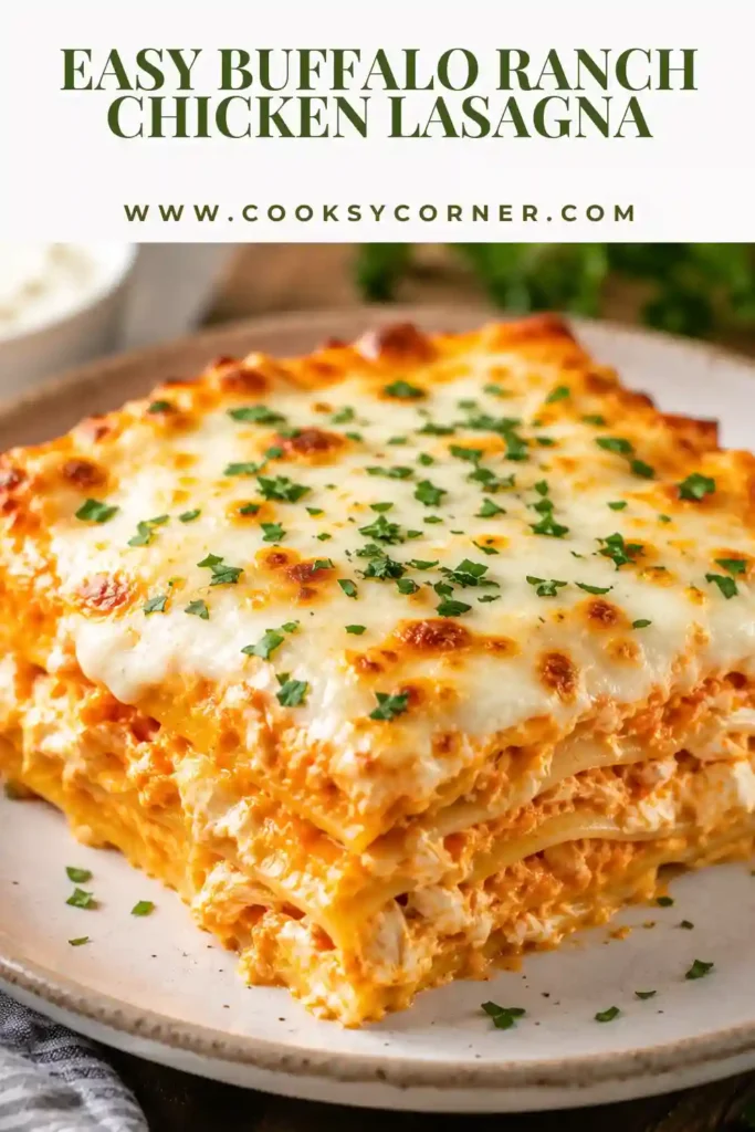 A sliced serving of Buffalo Ranch Chicken Lasagna showing creamy cheese, tender chicken, buffalo sauce, and layered pasta. Melted mozzarella and chopped green onions finish the cheesy chicken lasagna.