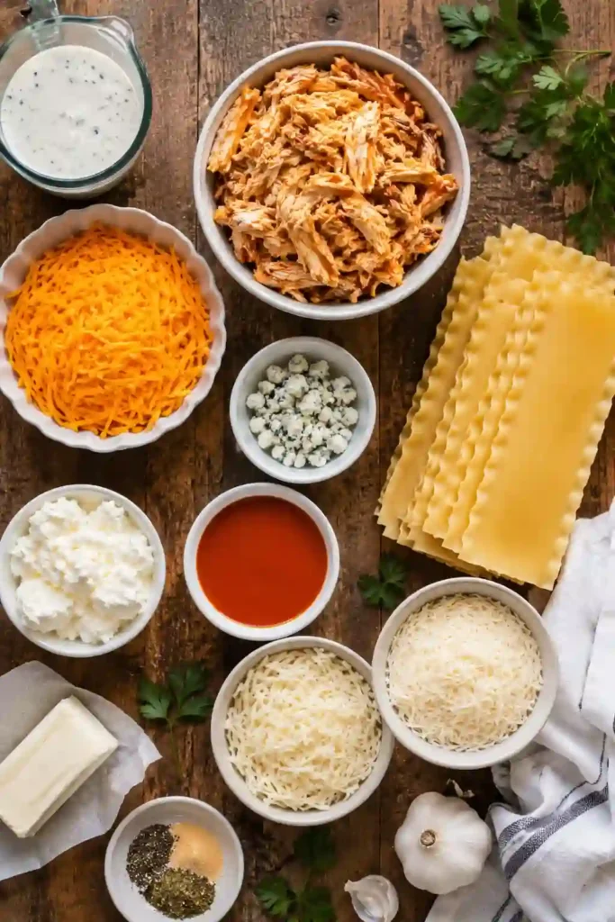 Buffalo Ranch Chicken Lasagna baked with layers of shredded chicken, creamy buffalo ranch filling, lasagna noodles, and melted mozzarella. The golden cheese topping covers a rich and comforting chicken lasagna.