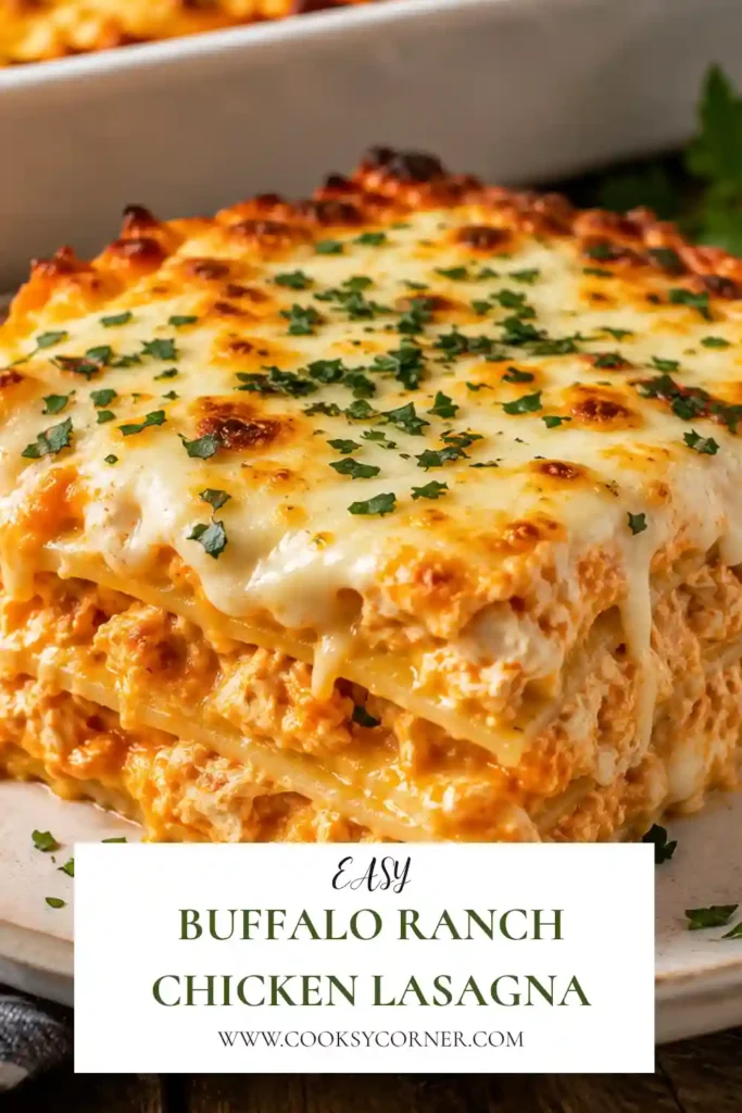 Homemade buffalo chicken lasagna layered with shredded chicken, cream cheese, ranch seasoning, cheddar, and mozzarella. The baked casserole has a bubbly golden cheese topping.