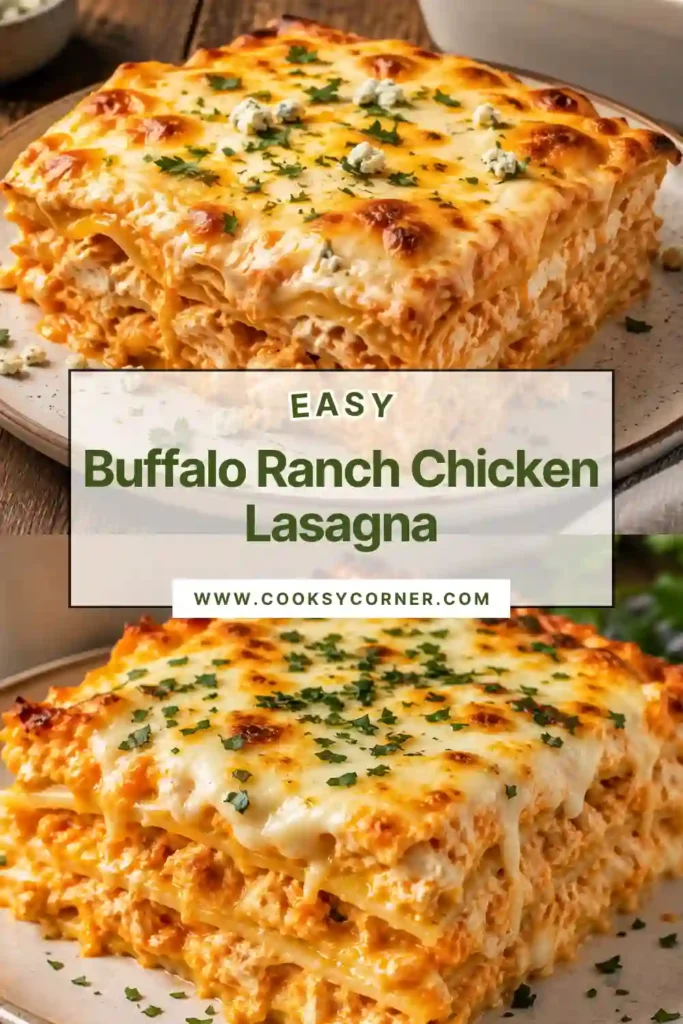 Creamy ranch chicken lasagna served warm with tender pasta, buffalo chicken filling, and melted cheese. Each slice has distinct layers of noodles, chicken, and rich cheese sauce.