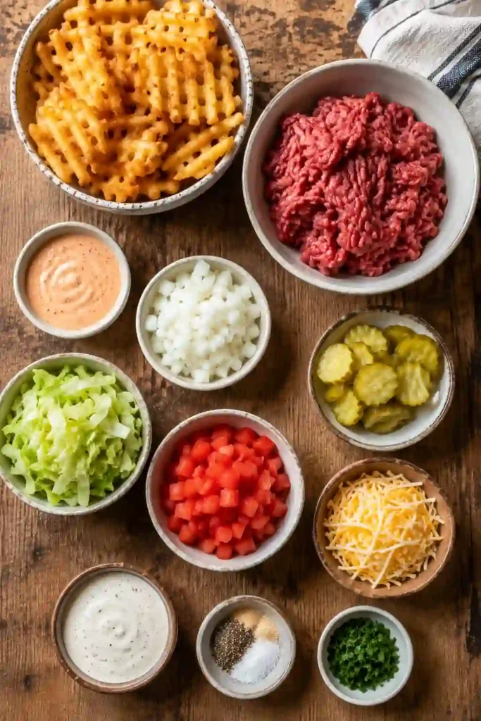 4.
Homemade Burger Bowls filled with seasoned beef, fresh vegetables, creamy house sauce, and crispy waffle fries. A quick American-inspired dinner that's packed with flavor.