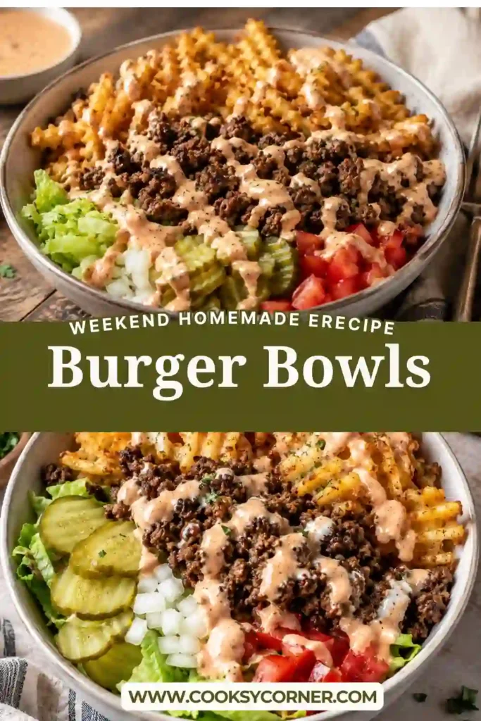 2. Fresh burger bowl served with homemade burger sauce and crispy ranch fries in a large serving bowl. Every bite combines savory beef with crisp vegetables and creamy sauce.