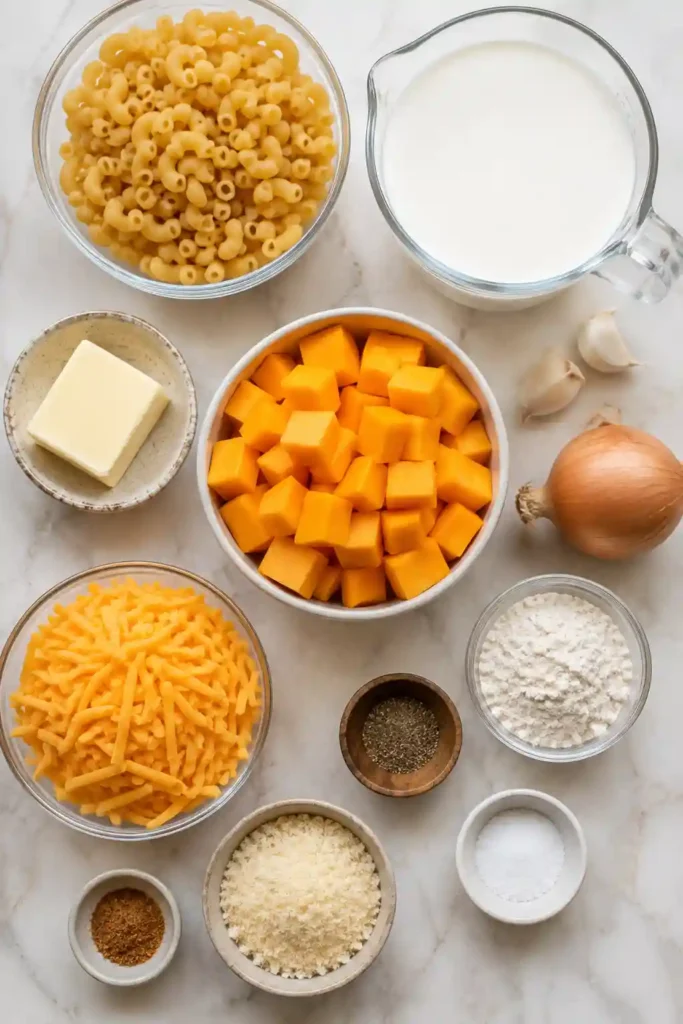 Healthy mac and cheese featuring tender pasta covered in creamy butternut squash and cheddar sauce. The simple stovetop dish has a rich golden color and silky texture.
