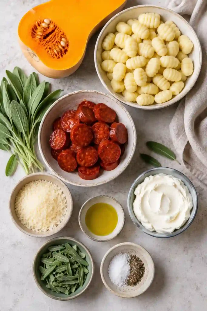 Close-up of Butternut Squash and Chorizo Gnocchi with mascarpone, Parmesan, crispy sage, and halal beef chorizo served in a rustic bowl. A perfect cozy dinner for cool evenings.