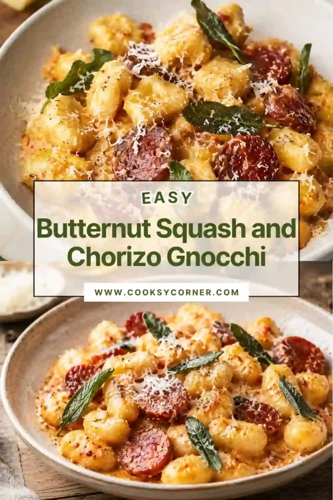 A bowl of creamy Butternut Squash and Chorizo Gnocchi topped with crispy halal beef chorizo, Parmesan cheese, and fresh sage leaves. The rich orange sauce coats every piece of golden gnocchi beautifully.