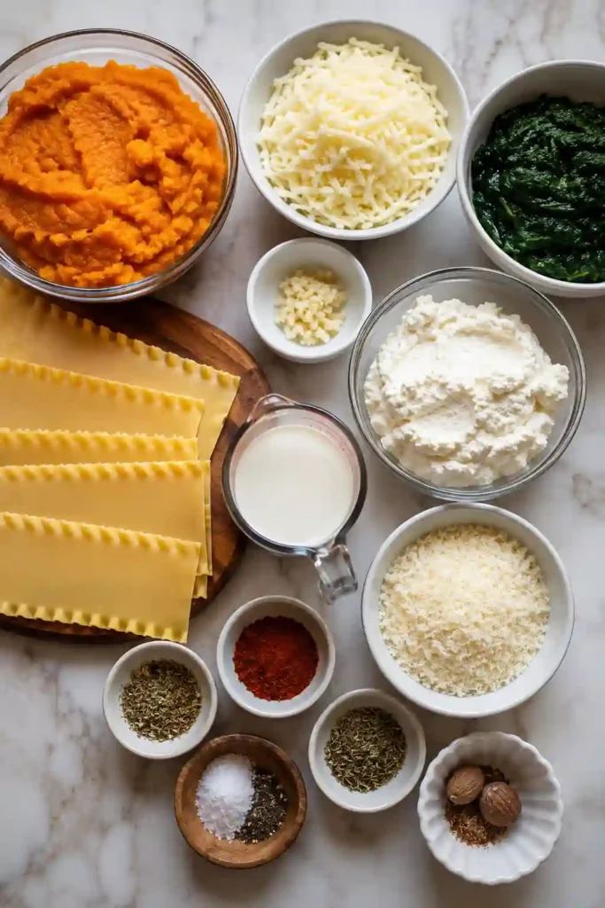 Homemade spinach ricotta lasagna with creamy butternut squash sauce and layers of melted mozzarella. This comforting vegetable lasagna features vibrant orange and green layers beneath a golden cheese topping.