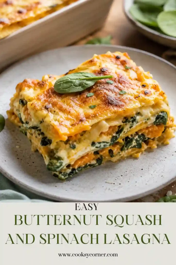Butternut Squash and Spinach Lasagna layered with creamy orange squash filling, spinach, ricotta, and melted mozzarella. The baked vegetarian lasagna has a golden cheesy top and colorful vegetable layers.