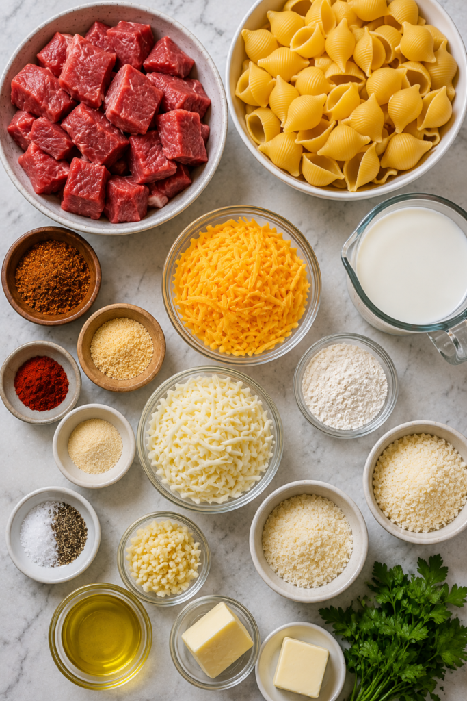 Creamy garlic shells with Cajun steak bites cooked in a skillet and finished with melted cheese and parsley. A comforting steak and pasta dinner.