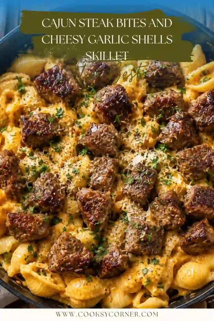 One-pan Cajun steak and cheesy garlic shell pasta topped with fresh parsley. This creamy steak pasta recipe is perfect for weeknight dinners.