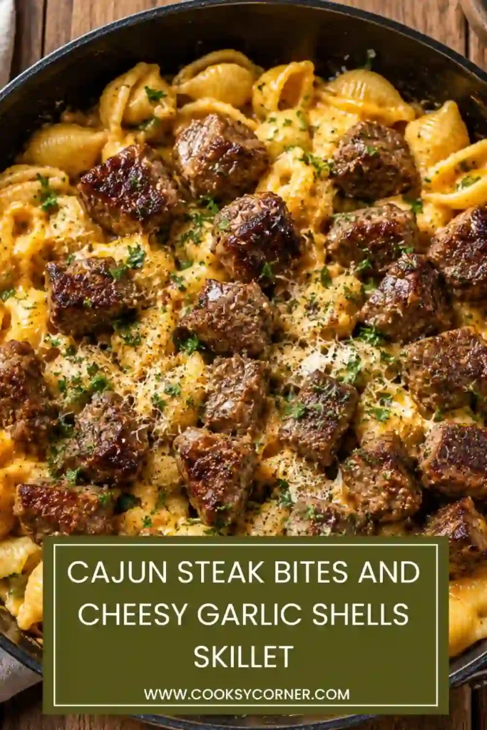 Tender Cajun-seasoned steak bites served over creamy garlic pasta shells with cheddar, mozzarella, and Parmesan cheese. An easy family-friendly skillet meal.
