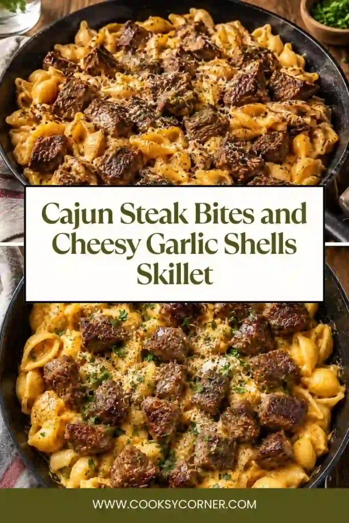 Cajun Steak Bites and Cheesy Garlic Shells Skillet served in a cast-iron pan with juicy steak, creamy pasta shells, melted cheese, and fresh parsley. A hearty one-skillet comfort food dinner.