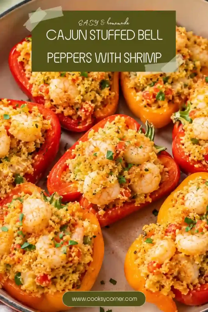 Colorful Cajun shrimp stuffed peppers arranged in a baking dish with savory cornbread stuffing. Fresh parsley adds color to the golden baked shrimp and vegetable filling.