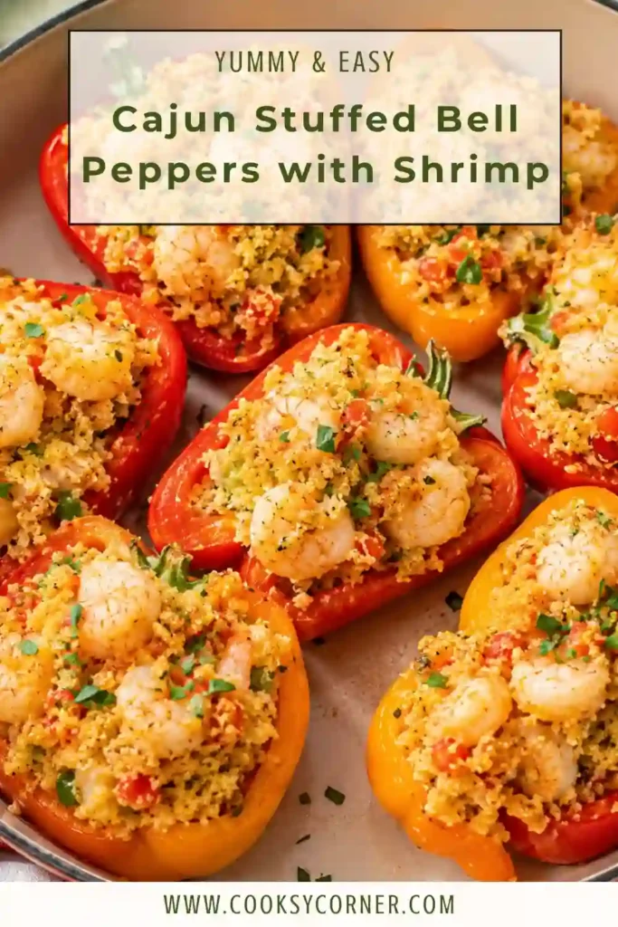 Shrimp stuffed bell peppers filled with Cajun-seasoned shrimp, crumbled cornbread, celery, onion, and herbs. The baked peppers have a tender texture and lightly golden stuffing.