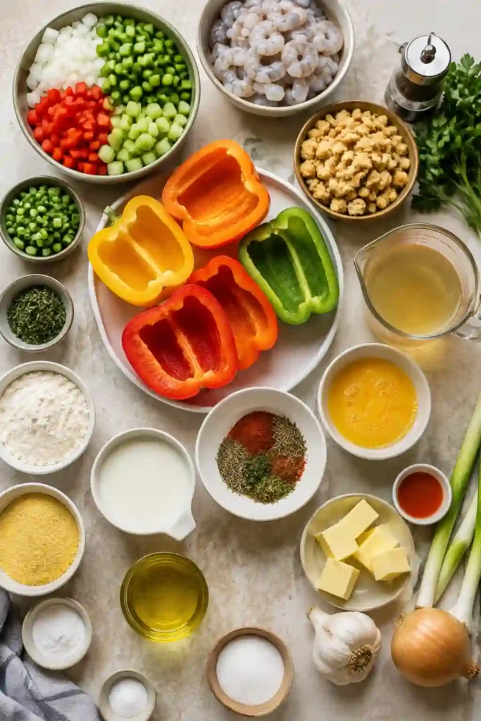 Southern-inspired stuffed peppers with shrimp, Cajun seasoning, vegetables, and homemade cornbread. The tender bell pepper halves are filled generously and baked until hot and golden.