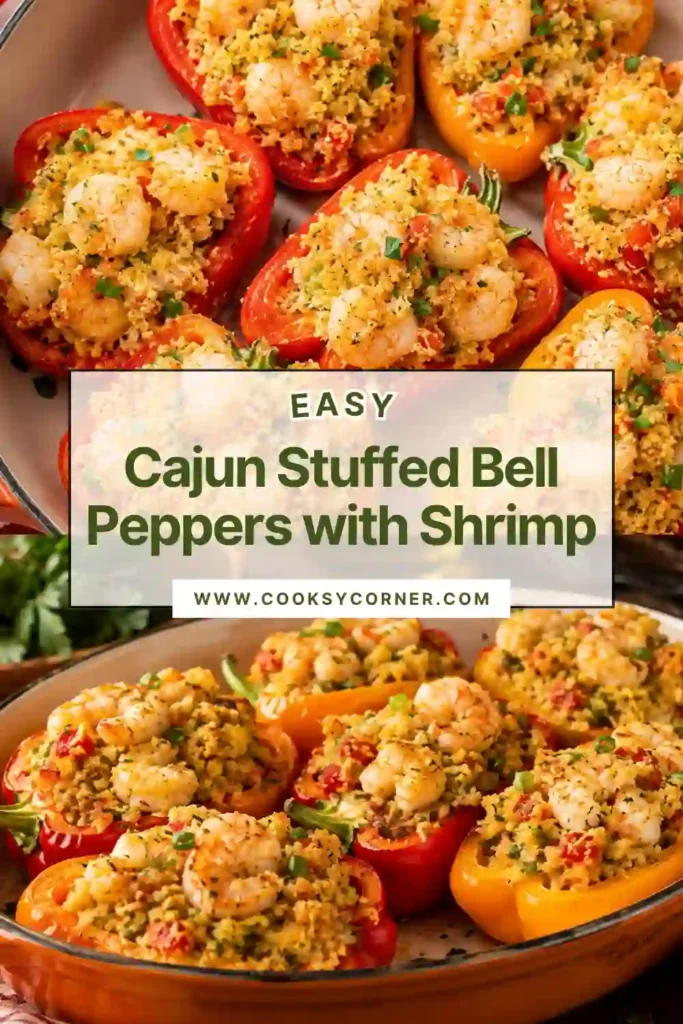 Cajun stuffed bell peppers with shrimp and savory homemade cornbread filling baked until golden. Colorful peppers are generously filled with seasoned shrimp, vegetables, and fresh herbs.