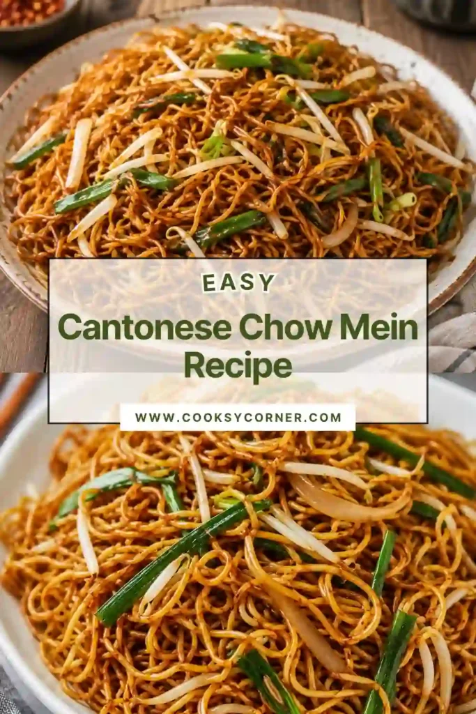 Homemade Chinese stir fry noodles prepared Cantonese-style with thin egg noodles and crunchy vegetables. The crispy chow mein noodles are finished with sesame oil and savory sauce.