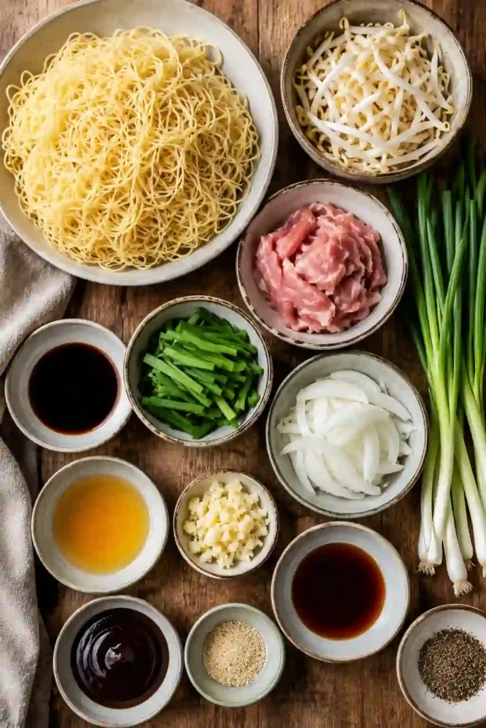 Freshly cooked Cantonese Chow Mein served with crisp bean sprouts and green onions. Thin Hong Kong-style noodles are pan-fried until golden before being tossed in a flavorful sauce.