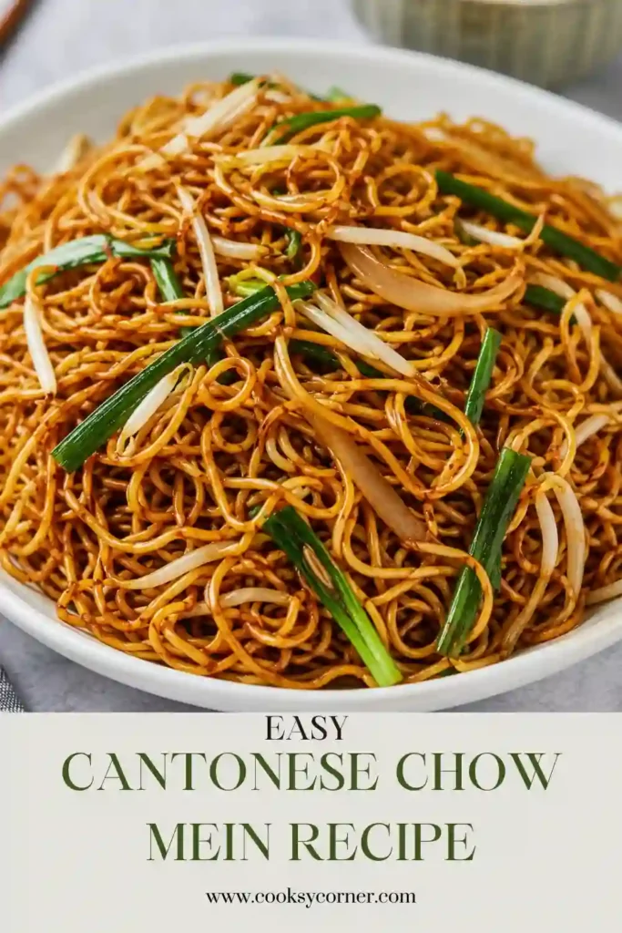 A plate of crispy Cantonese chow mein noodles tossed with fresh bean sprouts and green onions. The golden Hong Kong style noodles have lightly crisp edges and a glossy savory sauce.