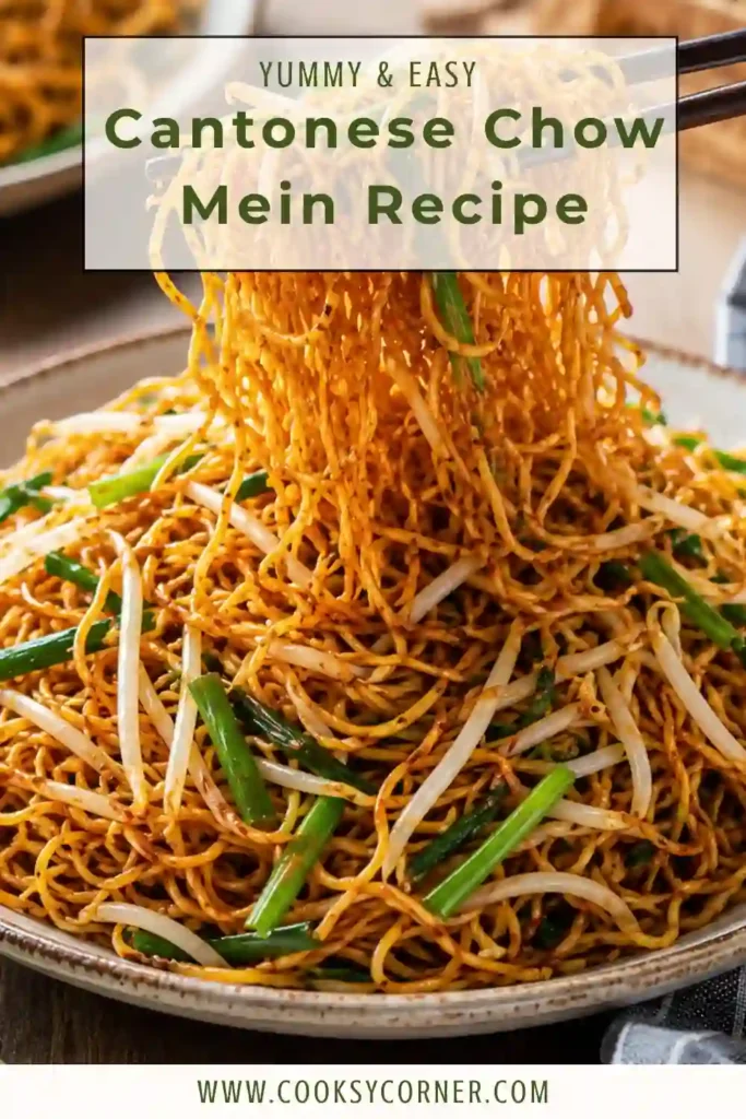 Cantonese Chow Mein recipe made with crispy Hong Kong-style egg noodles, bean sprouts, and green onions. The noodles are coated in a savory soy-based stir-fry sauce.