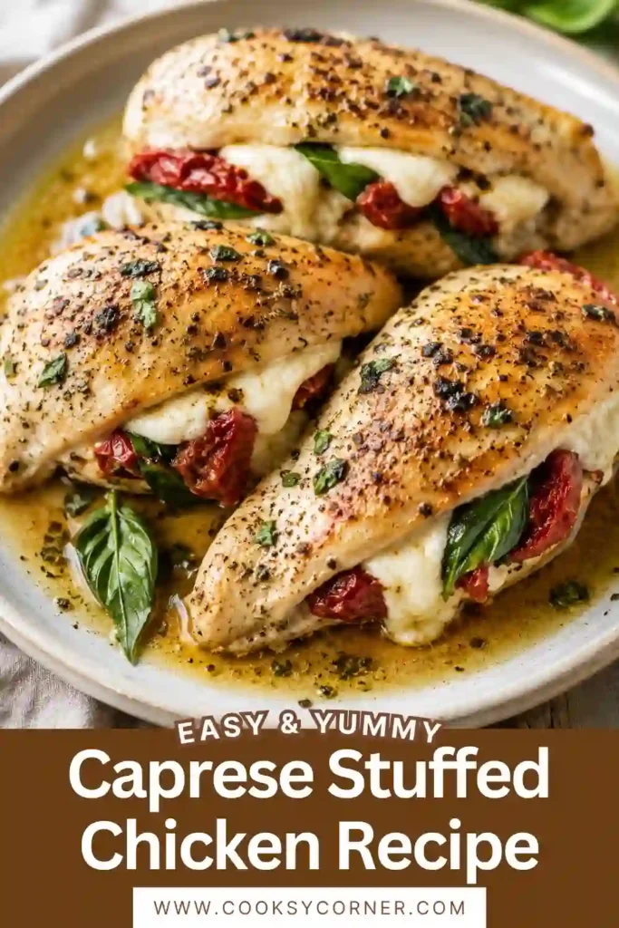Italian-inspired stuffed chicken breast with melted mozzarella, spinach, and herbs garnished with fresh basil.