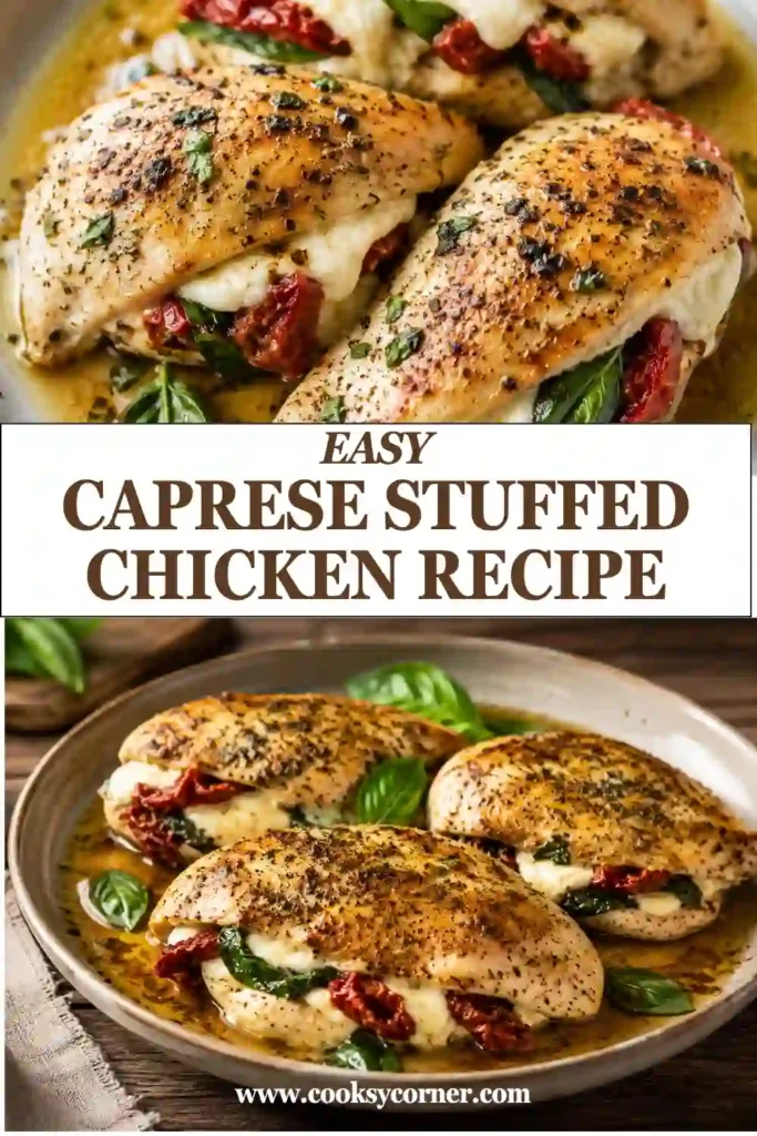 Juicy baked Caprese Stuffed Chicken sliced open to reveal creamy mozzarella, fresh spinach, and savory sun-dried tomatoes.