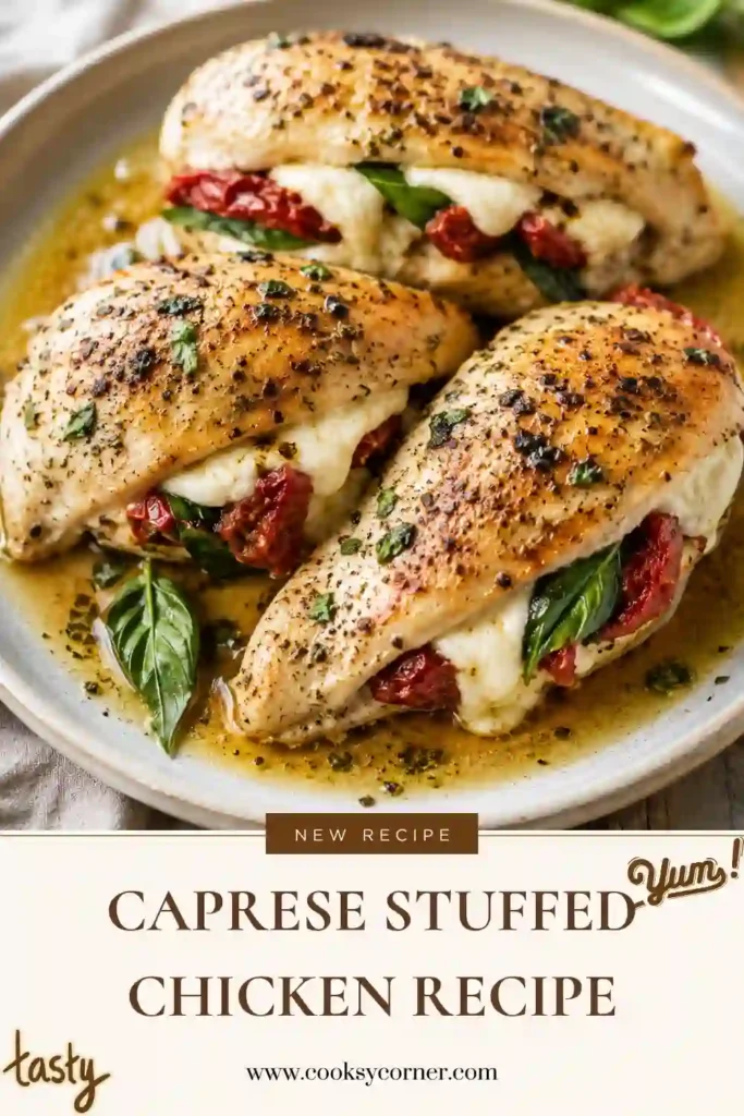 Golden-brown Caprese Stuffed Chicken filled with melted mozzarella, spinach, and sun-dried tomatoes served on a white plate.