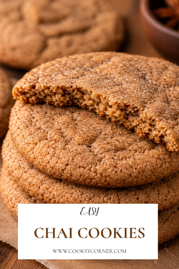 Chewy chai spice cookies arranged on a serving plate with visible cinnamon sugar coating and golden brown edges. Brown butter gives the homemade cookies a rich and comforting finish.