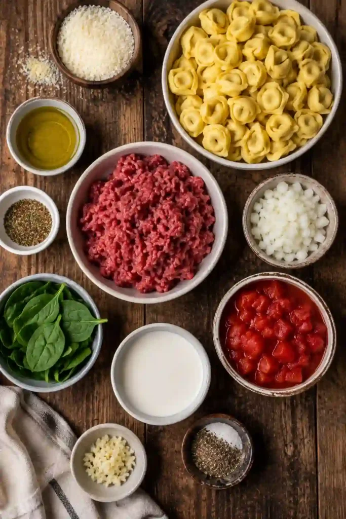 Ground Beef Tortellini in a skillet with creamy tomato sauce, spinach, Parmesan, and fresh basil. This hearty ground beef pasta makes a comforting family dinner.
