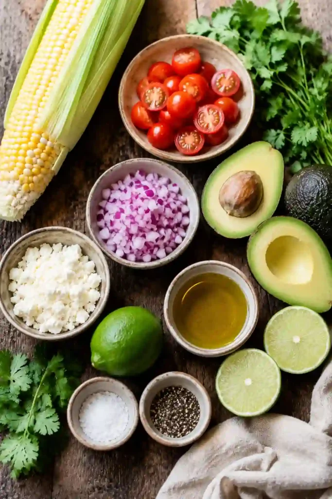 Colorful Summer Corn Salad with Avocado served in a large bowl with fresh cilantro and lime wedges. This easy corn salad recipe makes a light and flavorful side dish for family dinners.