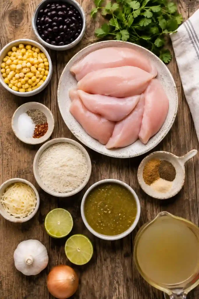 Easy chicken rice skillet with salsa verde, tender shredded chicken, black beans, roasted corn, and melted Monterey Jack. Fresh cilantro and avocado top this warm and comforting one-pan dinner.