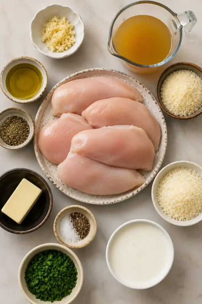 Slow Cooker Garlic Parmesan Chicken served in a creamy garlic and Parmesan sauce with fresh parsley. The tender chicken is coated in a rich, savory sauce seasoned with Italian herbs.