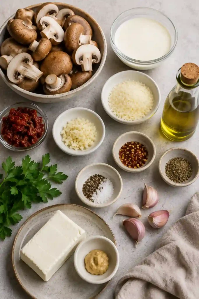 Homemade sun-dried tomato mushrooms in a rich cream sauce with garlic, Parmesan, herbs, and fresh basil. This creamy mushroom recipe is an easy 30-minute dinner.