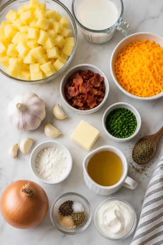 A comforting bowl of garlic herb potato soup garnished with fresh parsley and shredded sharp cheddar. Tender potatoes and creamy cheese create a hearty homemade soup.