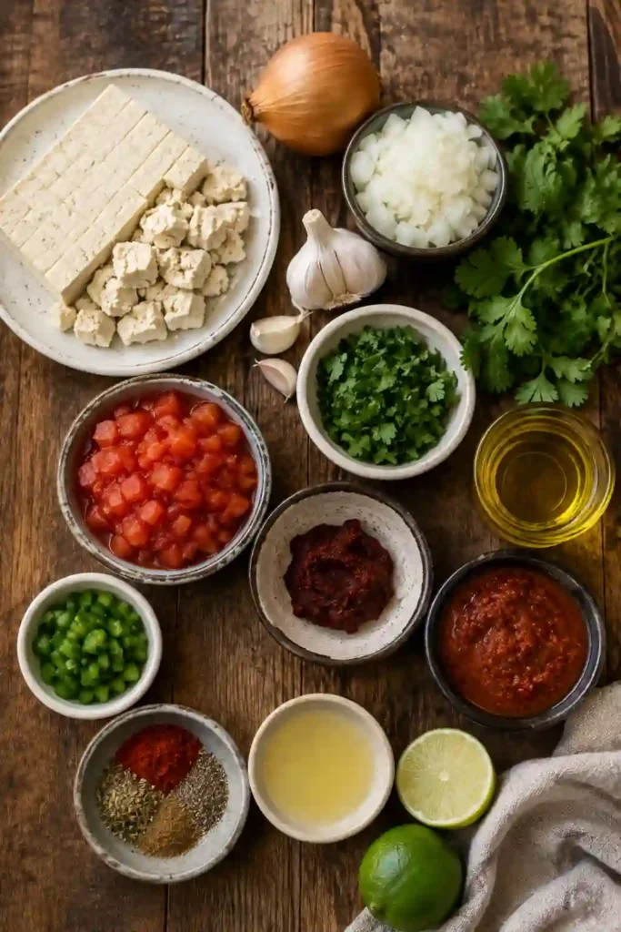 A skillet filled with spicy sofritas tofu simmering in rich chipotle sauce with visible roasted poblano peppers and herbs. Fresh lime wedges rest alongside the pan.