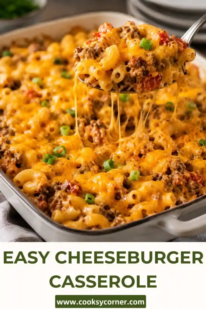 One-pot Cheeseburger Casserole served warm in a skillet with bubbling cheddar cheese. A simple ground beef casserole packed with classic cheeseburger flavors.