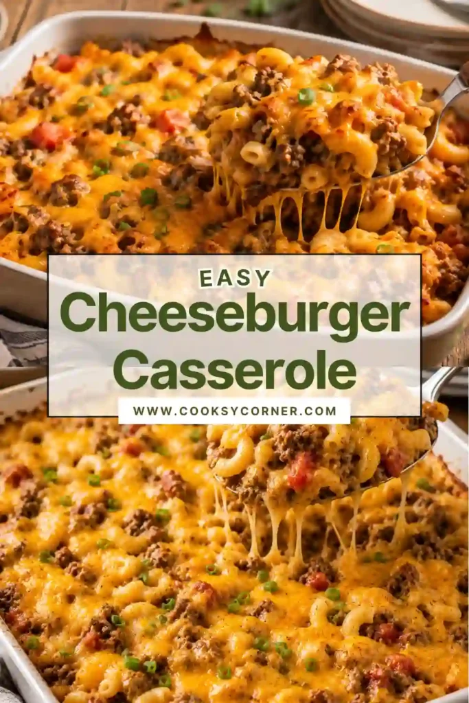 Close-up of a serving of cheesy Cheeseburger Casserole made with elbow macaroni, lean ground beef, diced tomatoes, and sharp cheddar cheese. Perfect comfort food for weeknight meals.