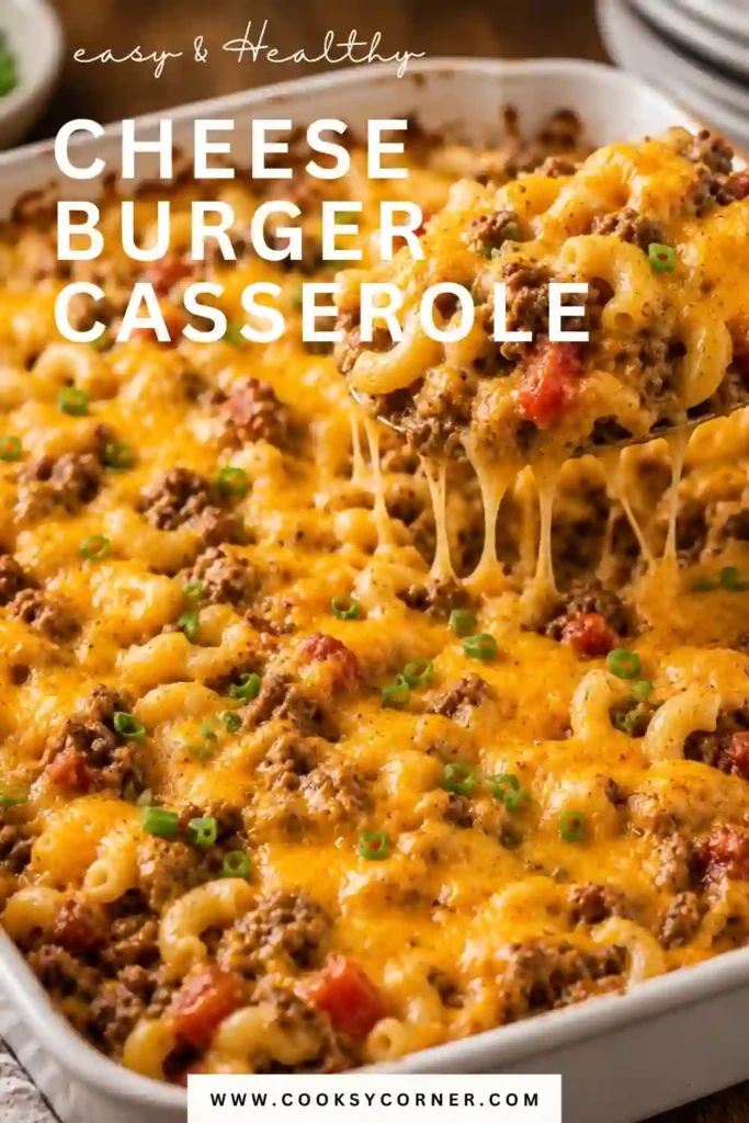 A freshly baked Cheeseburger Casserole topped with golden melted cheddar cheese and fresh parsley. Creamy macaroni and seasoned ground beef create a hearty family dinner.
