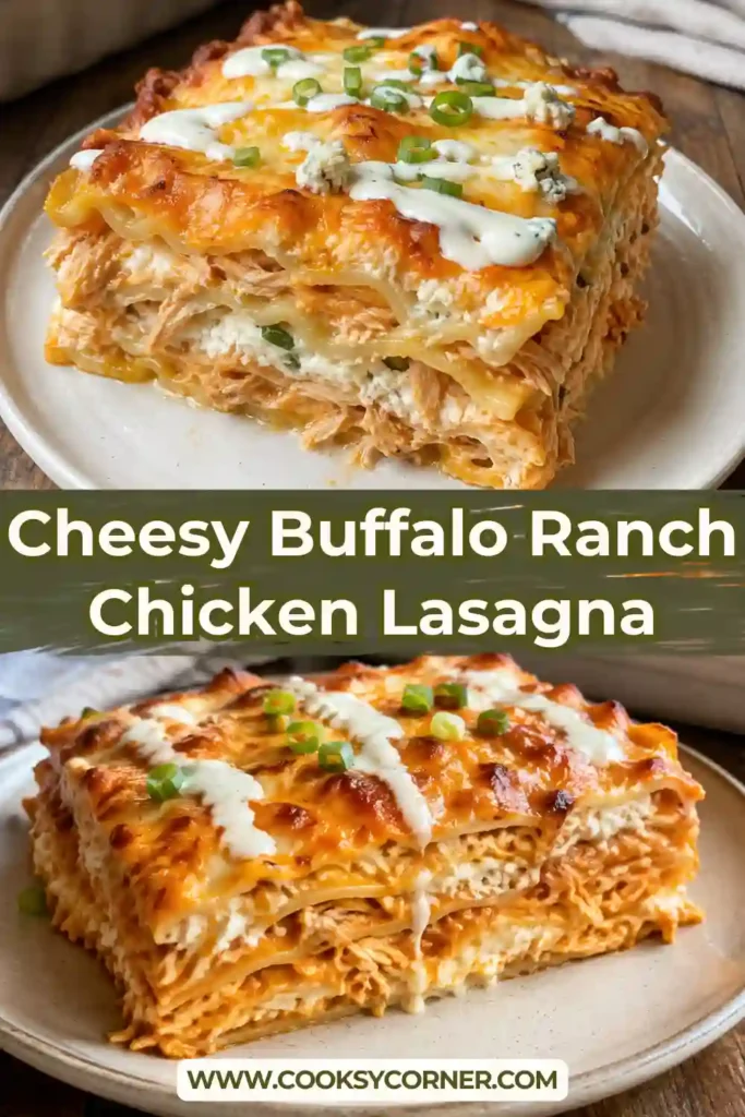 Buffalo chicken lasagna layered with tender noodles, seasoned shredded chicken, buffalo sauce, ranch, and melted cheese. Chopped green onions add fresh color over the golden cheesy surface.